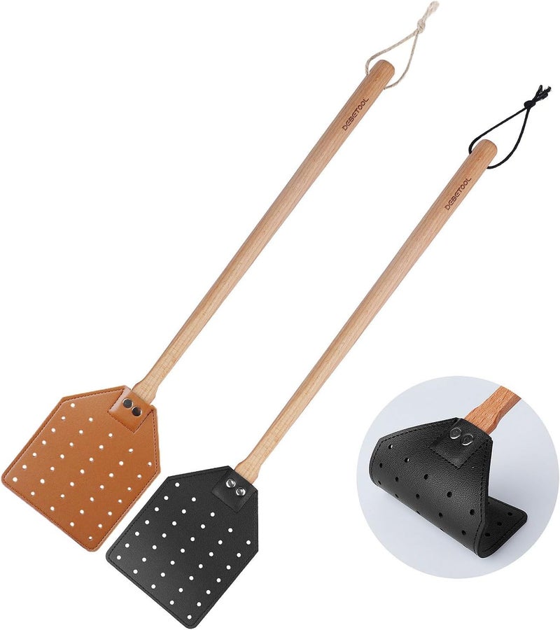 DEBETOOL 2 Pack Sturdy Leather Fly Swatter for Indoors - (19.7”)Long Handle Heavy Duty Wood Fly Swatter With Hanging Rope, Durable Fly Swatter for Outdoor Rustic Bug Swatter Flies,Mosquitoes And Bees - Image 1
